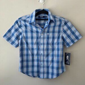 IZOD Boy's Short Sleeve Dress Polo | Small 8 | Blue Plaid Button Down Shirt NEW